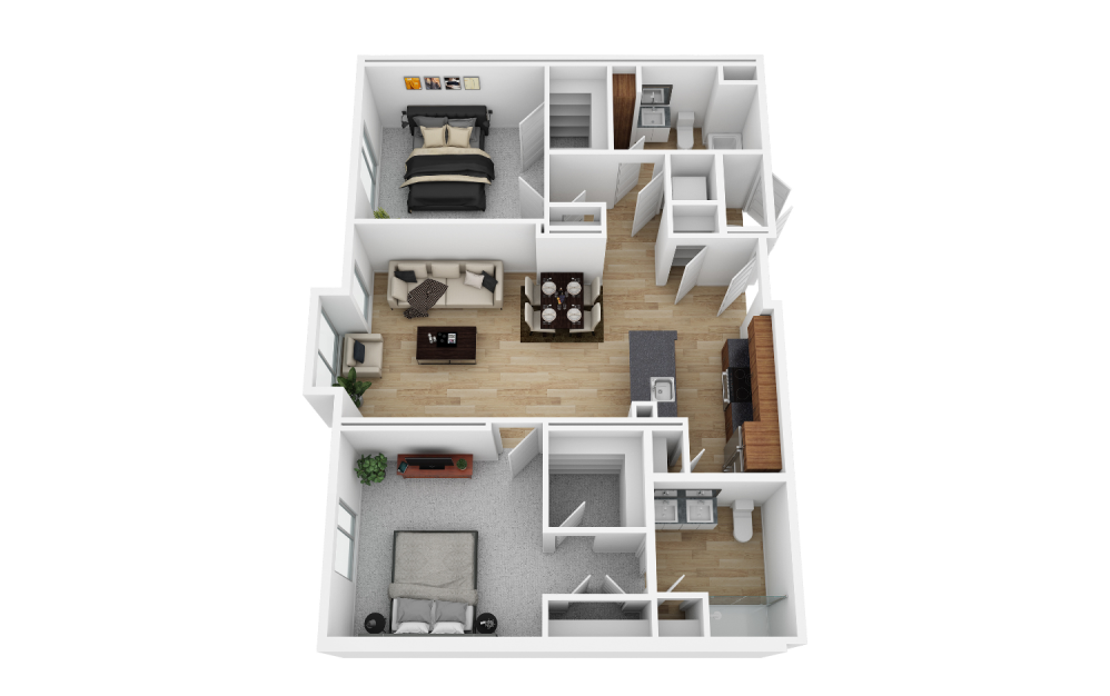 2B1B - 2 bedroom floorplan layout with 1 bathroom and 1125 square feet